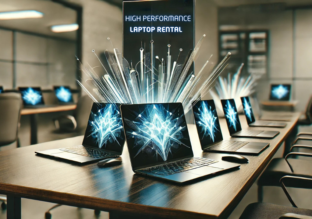 Multiple high-performance laptops for rent displayed on a sleek table in a modern workspace, highlighting affordability, flexibility, and the latest technology.