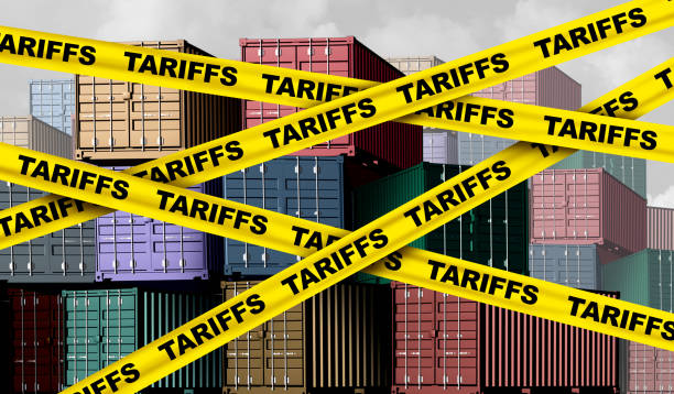 Tariffs affecting global trade and IT rental companies, with shipping containers blocked by yellow tariff tape
