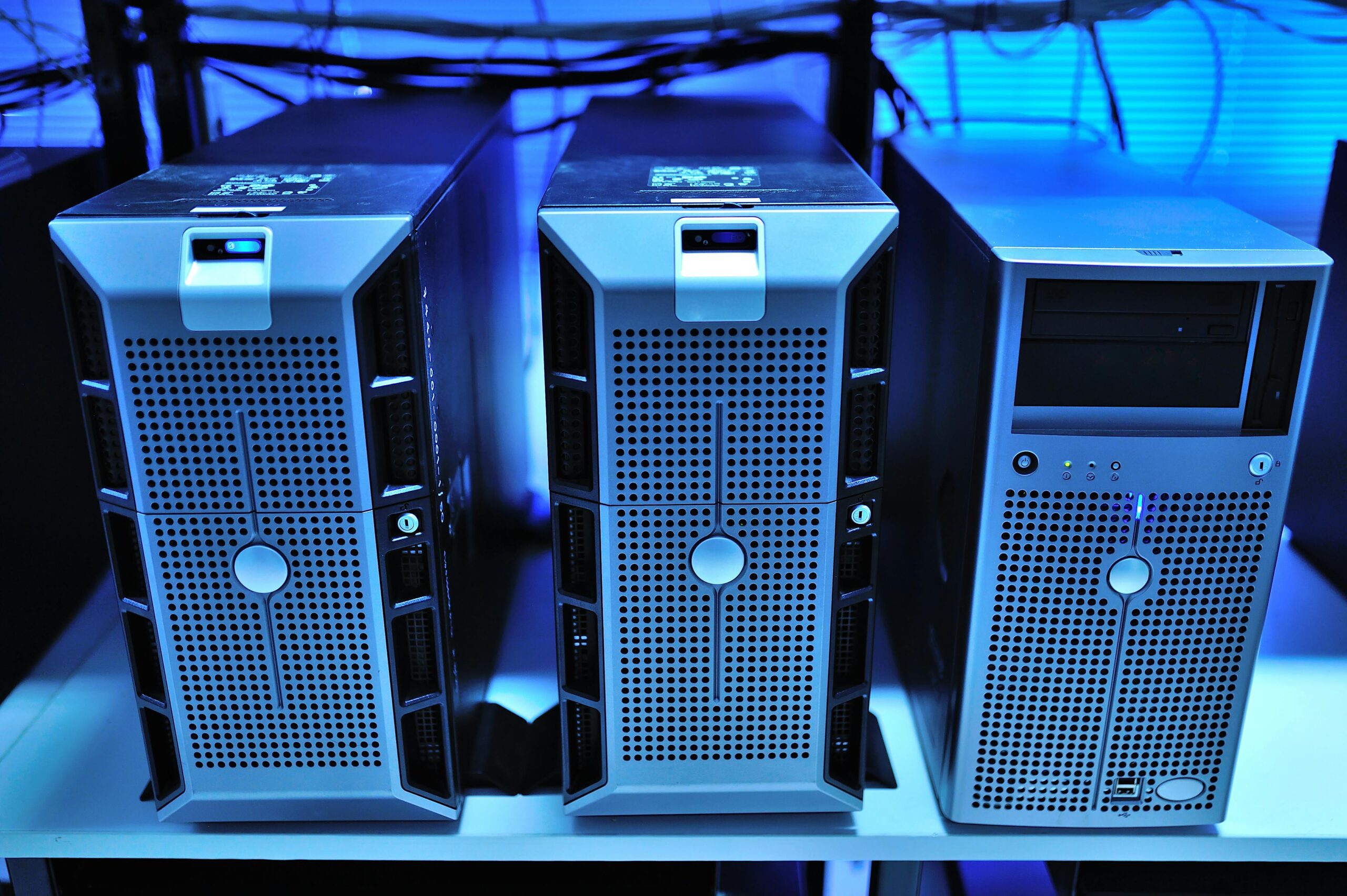 High-performance server racks in a modern data center with blue LED lighting