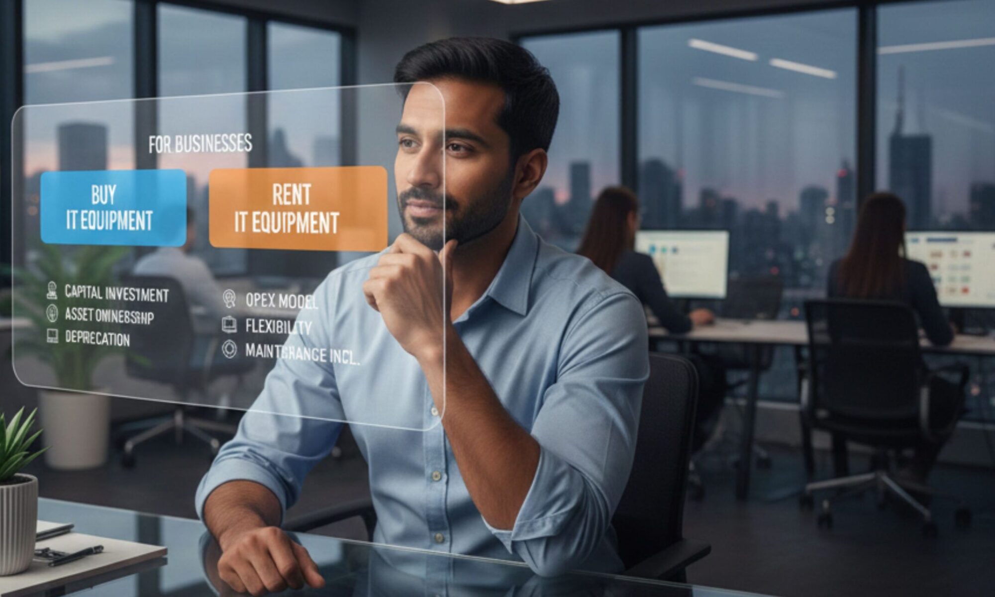 Business professional comparing buying vs renting IT equipment for cost-effective business growth in 2026