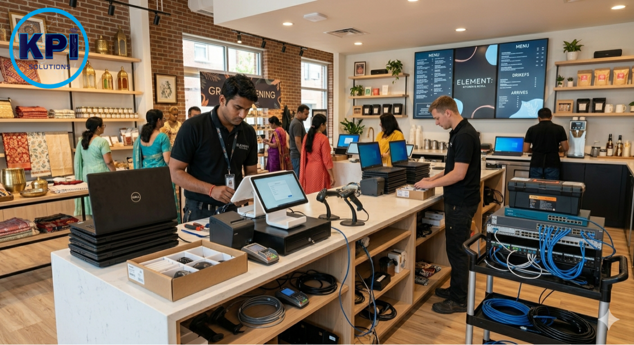 IT setup with laptops, POS systems, and networking equipment for a new retail or restaurant outlet