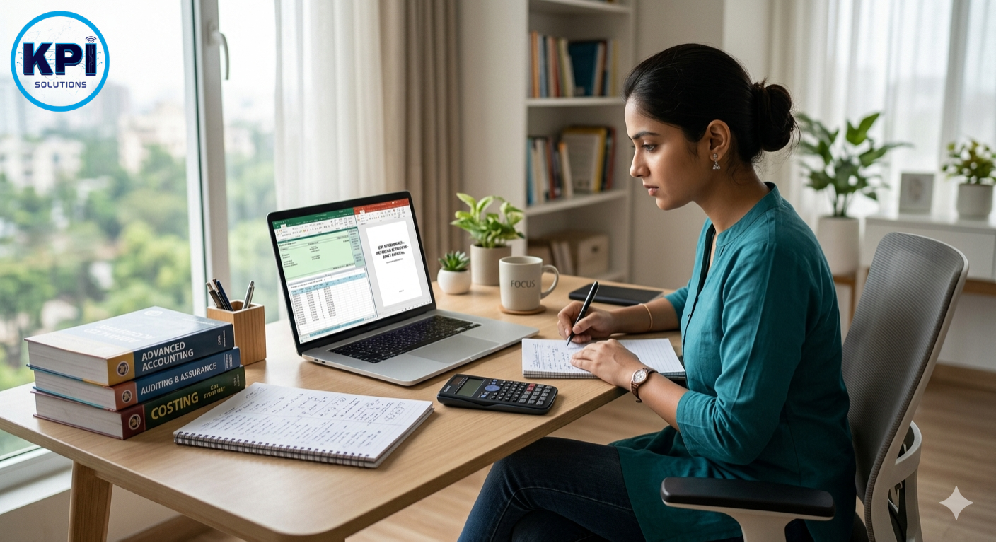 CA student preparing for ICAI exams using a rented laptop at home