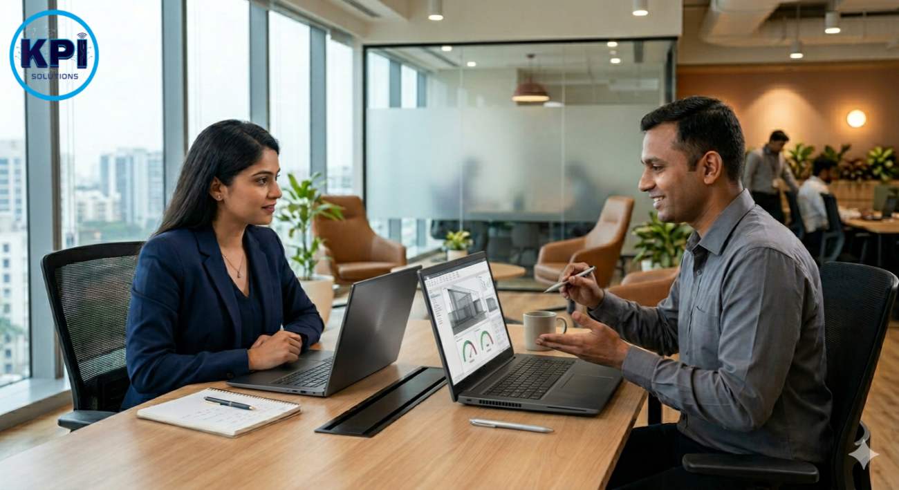Business professionals discussing laptop rental upgrade options in a modern office
