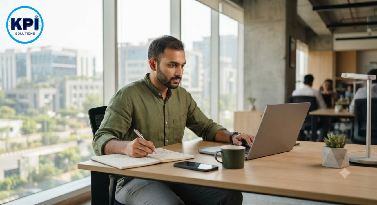 A focused Indian freelancer working on a high-performance laptop in a modern Mohali coworking space.