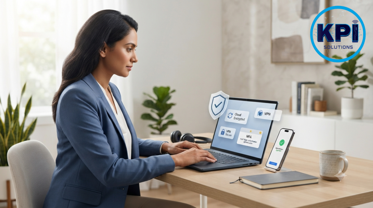 An Indian professional working on a laptop in a modern home office with digital icons representing secure cloud storage, VPN, and multi-factor authentication on screen.